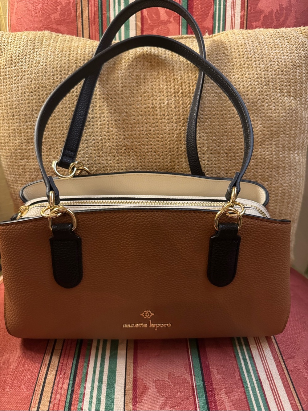 Nanette Lepore Brown, Black and Cream Pebbled Leather Satchel